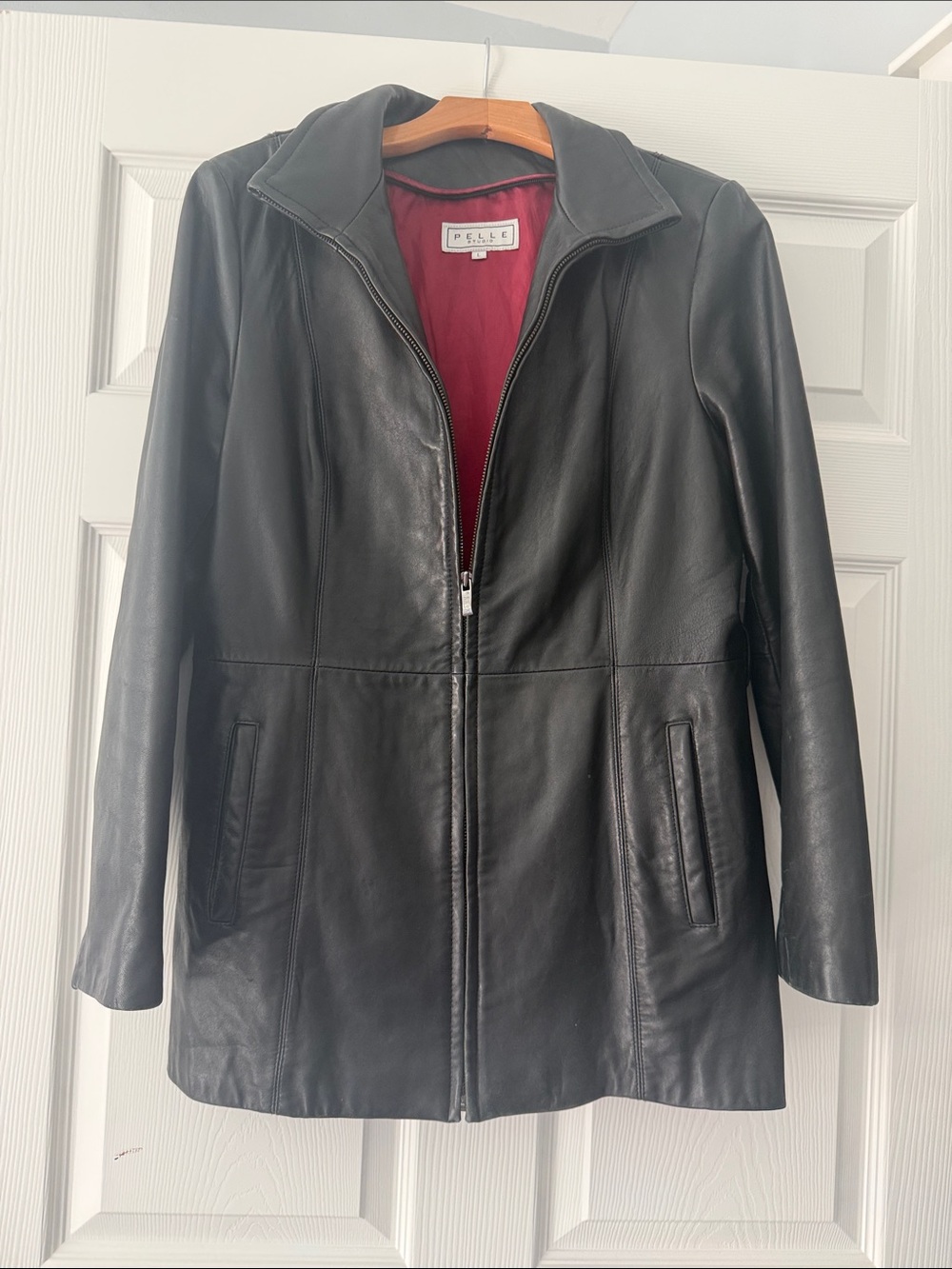 Pelle Studio Black Leather Zip-Front Jacket with Red Lining